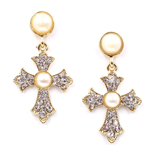 Pearl Cross Drop Earrings