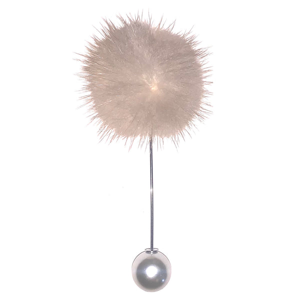 Beige Soft Fur & Pearl Closure Lapel Pin
