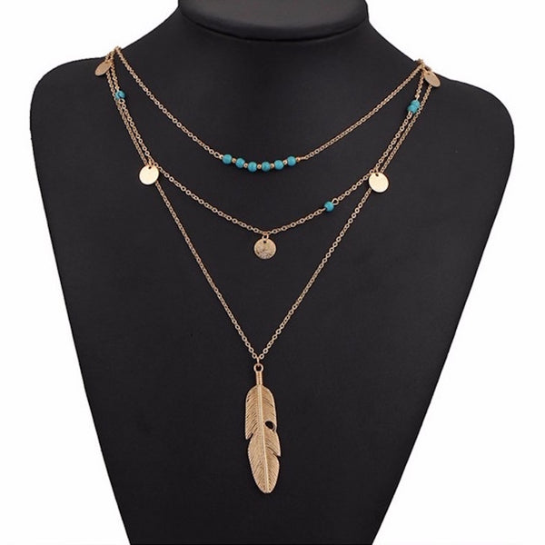 Multilayer Beads & Leaf Pendant Necklace