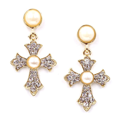 Pearl Cross Drop Earrings
