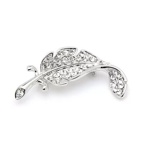 Crystal Studded Silver Leaf Brooch Pin