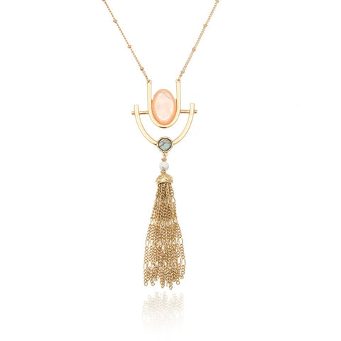 Mosaic Tassel Oval Stone Necklace