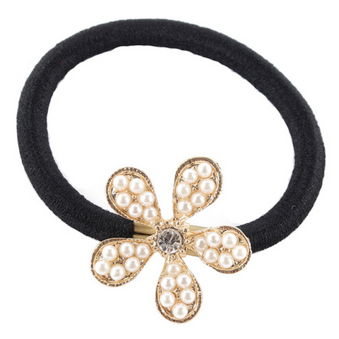 Embellished Floral Metal Charm Elastic Ponytail Band