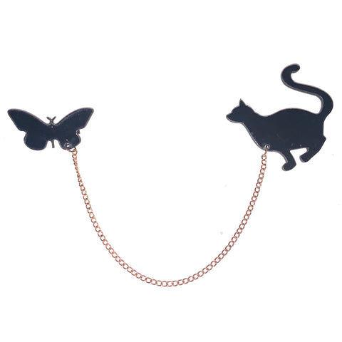 Black Cat and Butterfly Brooch Pin Badge