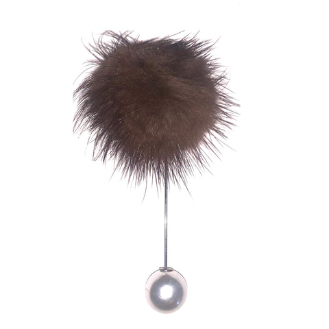 Soft Fur & Pearl Closure Lapel Pin - Brown & Grey