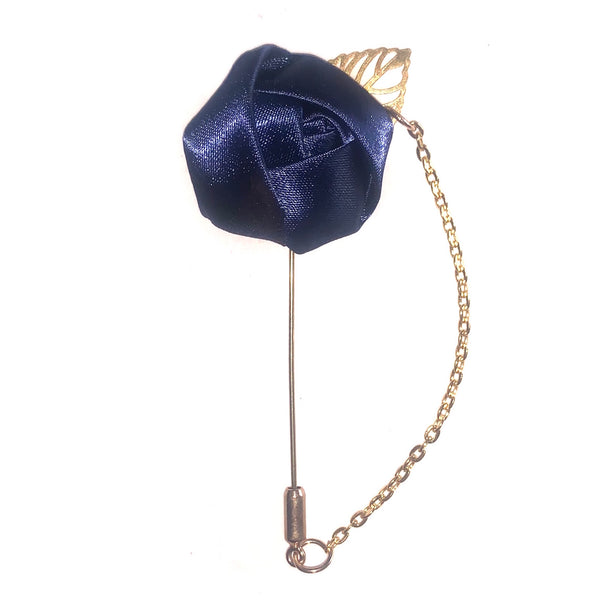 Navy Blue Rose & Leaf Chain Lapel Pin